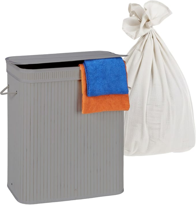 Wasmand 2 vakken - 100 liter - bamboe - grijs