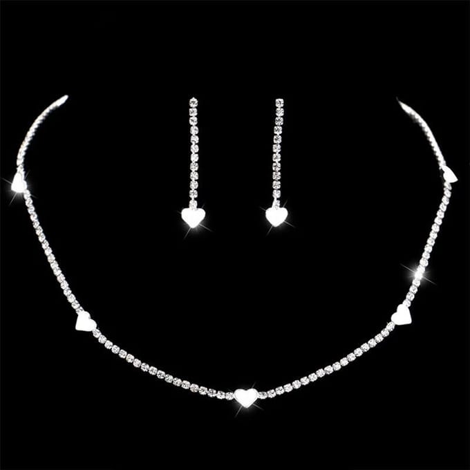 Sieradenset, Modelegering Eenvoudige Liefde Strass Ketting Oorbellen Bruidsset zilver