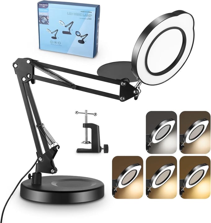 Vergrootlamp met Klem en Standaard - 15x Vergroting, 5 Kleurmodi en Dimbaar LED Licht