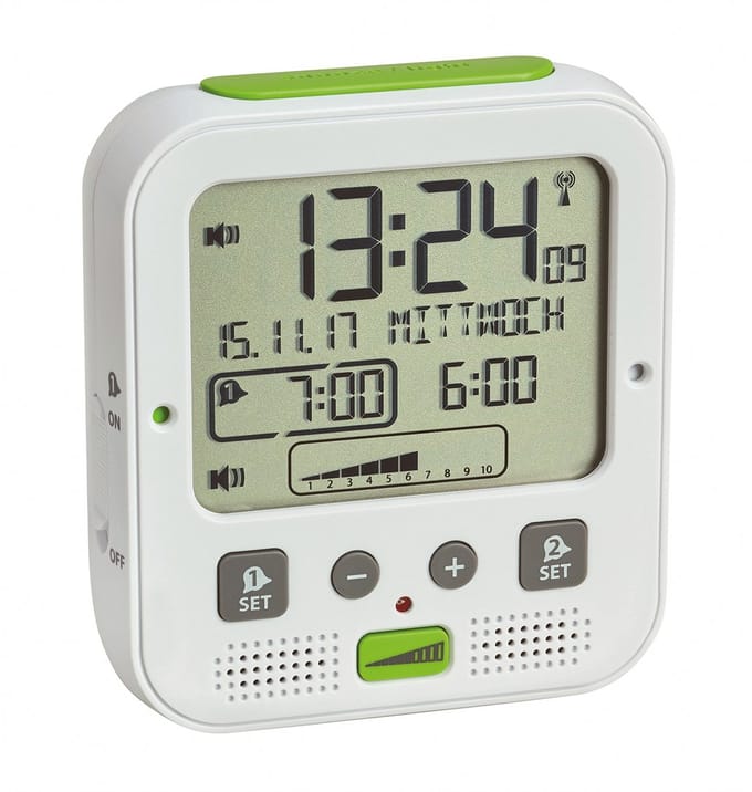 TFA Dostmann 60.2538.02 Wekker Zendergestuurd Wit, Groen Alarmtijden 2 Trilalarm, Extra luid wekgeluid, Groot display