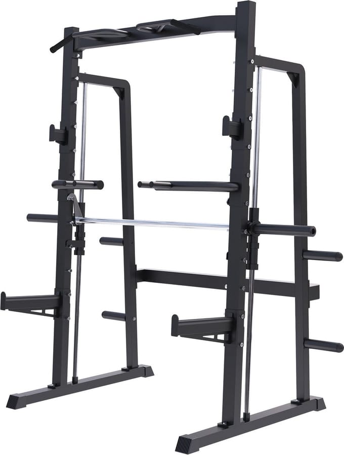 Gorilla Sports Smith Machine met Half Rack - Max. 300 kg Belastbaar - Optrekstang & Halterhouders - Voor Squats, Pull-ups & Halteroefeningen - Zwart