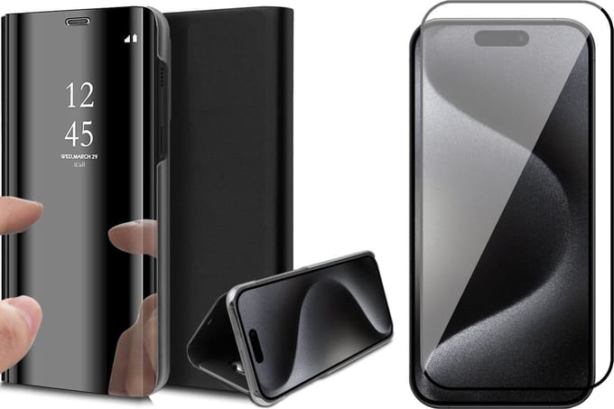 Hoesje geschikt voor iPhone 15 Pro - Screen Protector FullGuard - Book Case Spiegel Zwart & Screenprotector