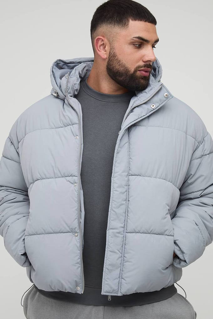 Plus Boxy Gerimpelde Nylon Puffer in Lichtgrijs | Light Grey | Size 2XL