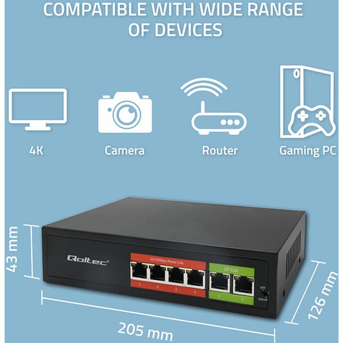 Qoltec netwerkswitch SWITCH FAST Ethernet PoE |   4x RJ45 |   2x RJ45 Uplink |   65W |   10/100 MB/s