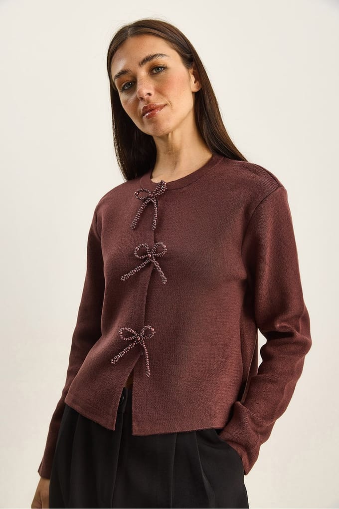 Kraagloze Gebreide Cardigan met Strikdetail