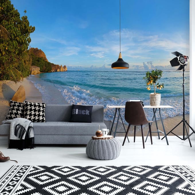 Fotobehang - Vlies Behang - Uitzicht op de Blauwe Zee vanaf het Strand - 368 x 254 cm