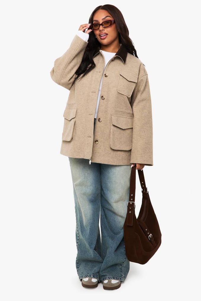 boohoo Dames Plus Buttondown-Jas | Stone | Maat: 28