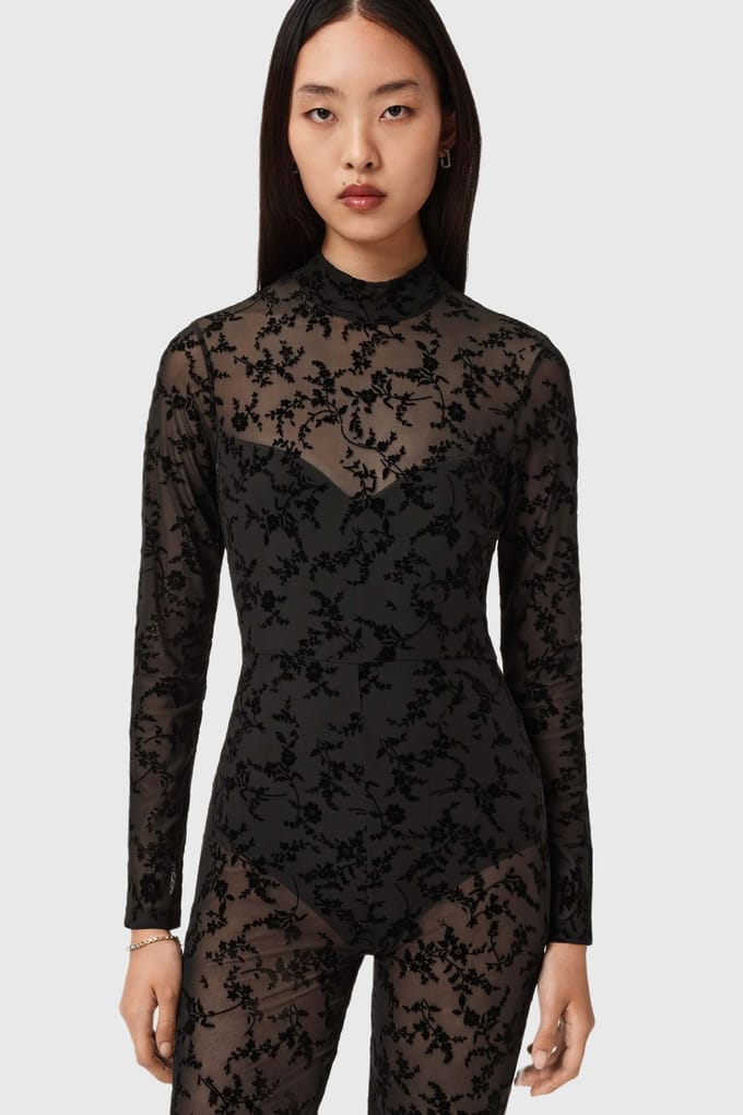 AllSaints Rylee Flock Catsuit Black Größe: 10 | Jumpsuits Outlet | Damen | Schwarz