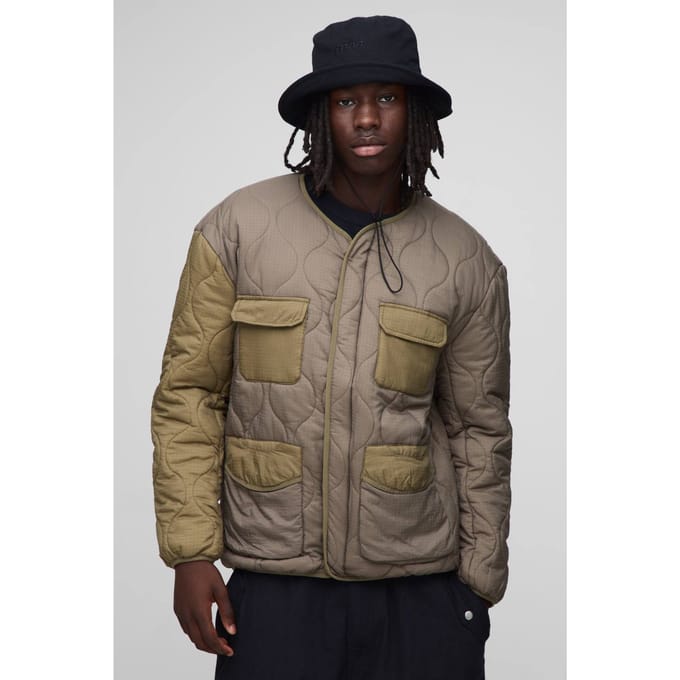 Regular Fit Kraagloze Gewatteerde Ripstop Colour Block Binnenvoering Jas | Olive | Size Medium