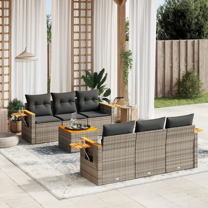 vidaXL - 7-delige - Loungeset - met - kussens - poly - rattan - grijs