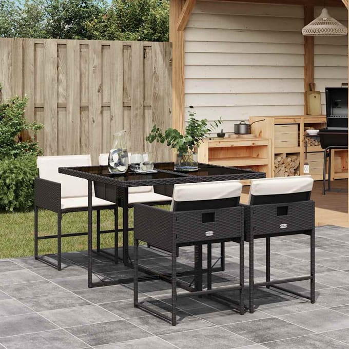 vidaXL 5-delige Tuinset met kussens poly rattan zwart