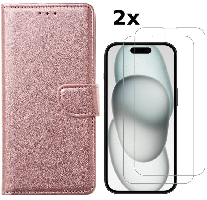 Hoesje Geschikt voor iPhone 15 Plus hoesje bookcase met 2x screenprotector – Rosegoud