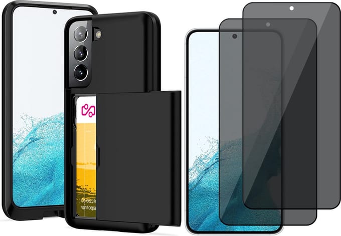 Hoesje met Pasjeshouder geschikt voor Samsung Galaxy S22 Plus - 2x Privacy Screen Protector FullGuard - Back Cover SlideCase Zwart & Screenprotector