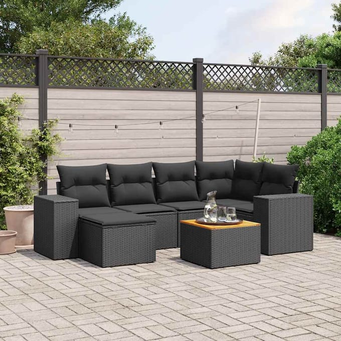 vidaXL - 7-delige - Loungeset - met - kussens - poly - rattan - zwart