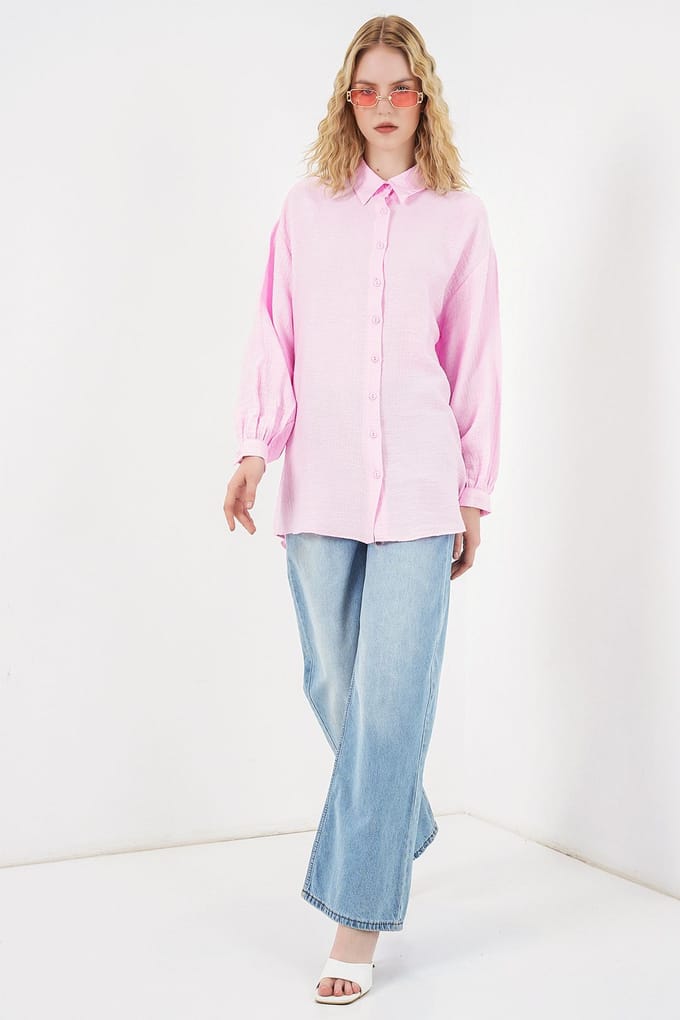 Oversized Textuur Lange Blouse met Shirtkraag