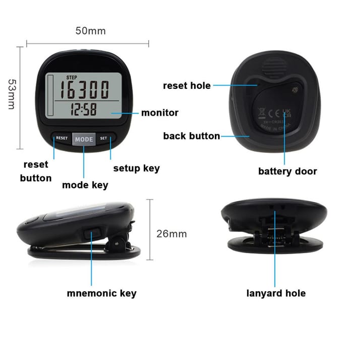 Compacte stappenteller LCD-scherm Stappenteller Stappentracker Digitaal display Stappenteller Nauwkeurige stappen zwart