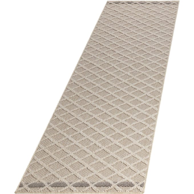 Buitenkleed met ruitpatroon, beige kleur, geschikt voor terras, balkon of keuken, met polypropyleen achterkant, afmeting: 80 x 250 cm