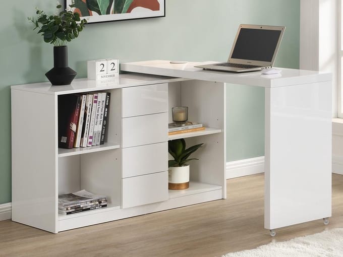 Vente-unique Uitschuifbaar bureau met draaibaar blad in 360° - MDF - Wit gelakt - PAVELO