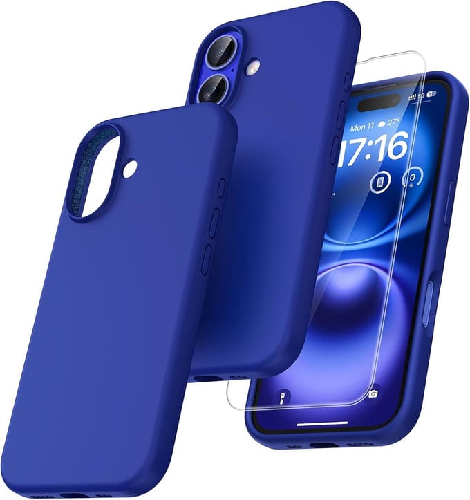 Solid hoesje Soft Touch Liquid Silicone Flexible TPU Rubber + Screenprotector - Geschikt voor: iPhone 16 Plus - Kobaltblauw