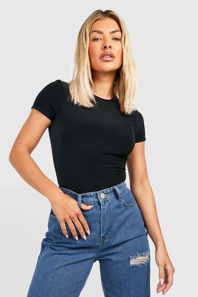 boohoo Dames Double Layer Slinky Short Sleeve Bodysuit | Zwart | Maat: 42