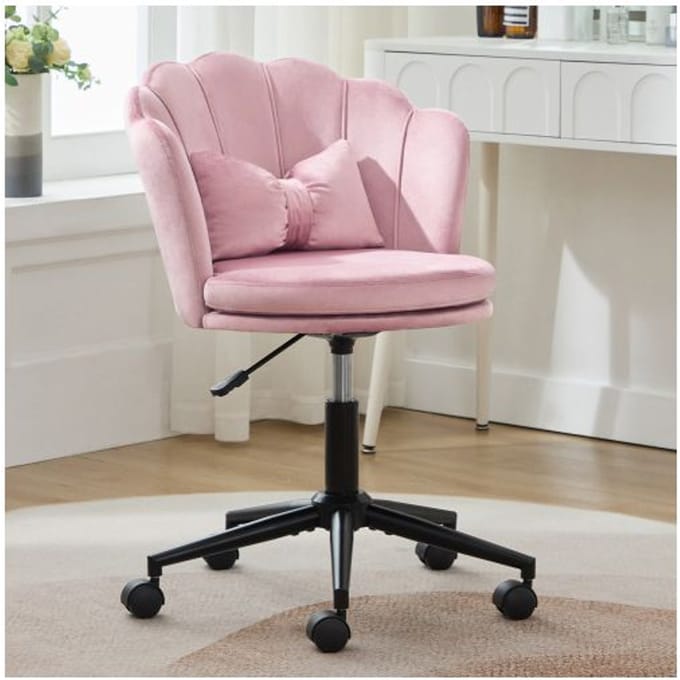 Chaise de bureau - MUVOE - Pétale - Velours rose - Dossier en pétale - Coussin lombaire papillon