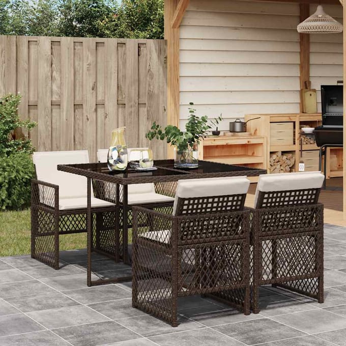 vidaXL - 5-delige - Tuinset - met - kussens - poly - rattan - bruin