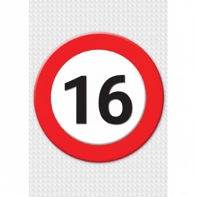 Bellatio Decorations Verjaardag deurposter - 16 jaar - stopbord - 59 x 84 cm - leeftijd feestartikelen