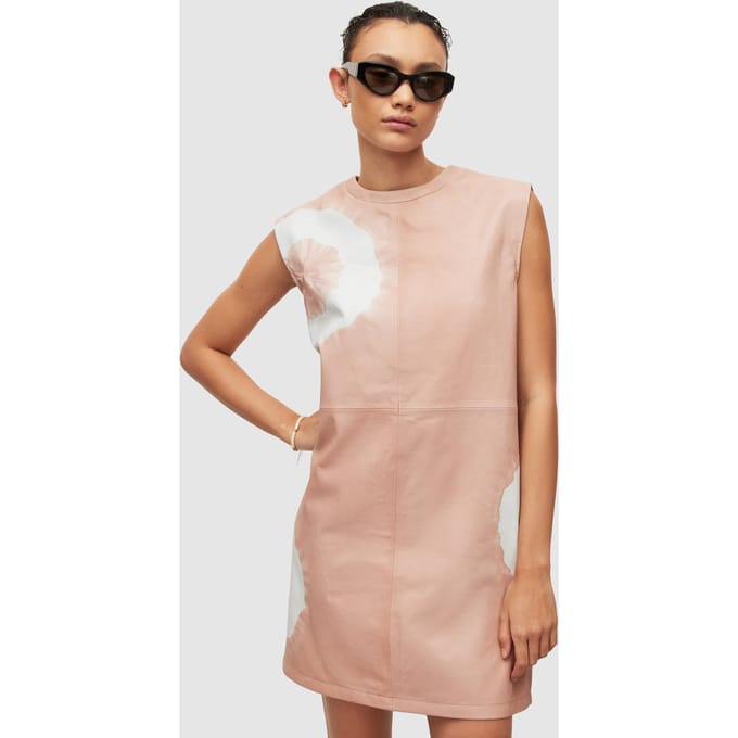 AllSaints Mika Leather Tydy Dr Dusty Pink Maat: 16 | Mini Jurken Outlet | Dames | Roze