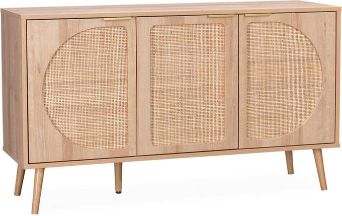 sweeek - Dressoir met 3 deuren houtlook en rotan 120cm - eva