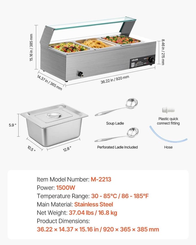 Commerciële Voedselwarmer 3-bak 1500W Buffet Bain Marie met Glazen Deksel