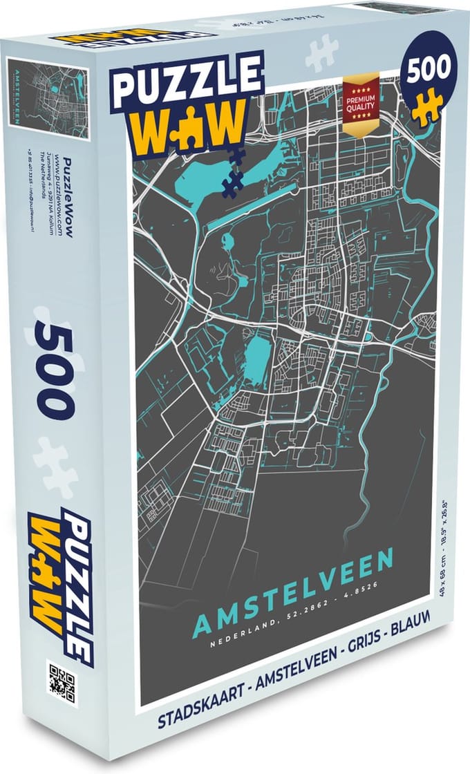 Puzzel Stadskaart - Amstelveen - Grijs - Blauw - Legpuzzel - Puzzel 500 stukjes - Plattegrond