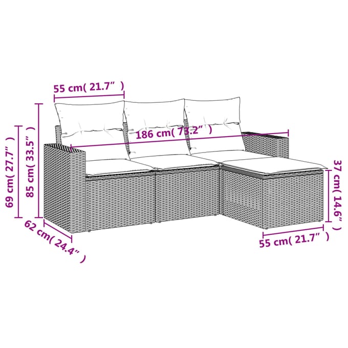 vidaXL - 4-delige - Loungeset - met - kussens - poly - rattan - bruin