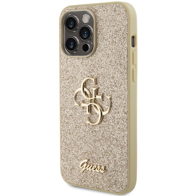 Guess 4G Metal Logo Glitter Backcover voor de Apple iPhone 15 Pro Max - Goud