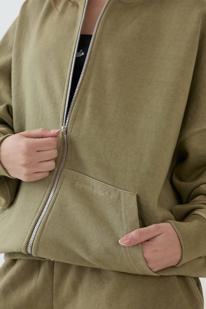 Dames Dsgn Studio Zwaargewicht Gewassen Oversized Hoodie Met Rits | Washed Khaki | Maat: Small