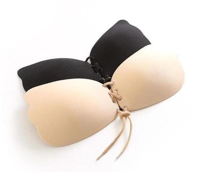 2x Strapless plak BH - Multipack - met push up door de vetersluiting - beige & zwart - plakbeha D