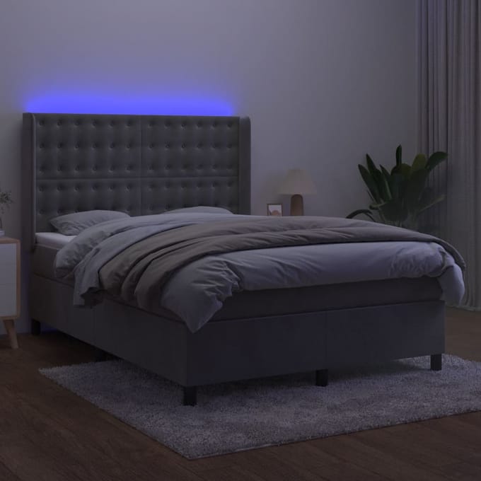 vidaXL - Boxspring - met - matras - en - LED - fluweel - lichtgrijs - 140x190 - cm