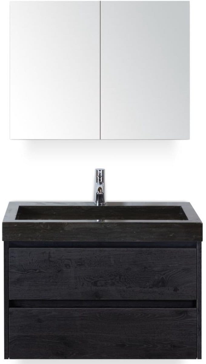Dante Badmeubelset 80 cm - Black Oak - Wastafel Hardsteen Wit Lucca met Spiegelkast