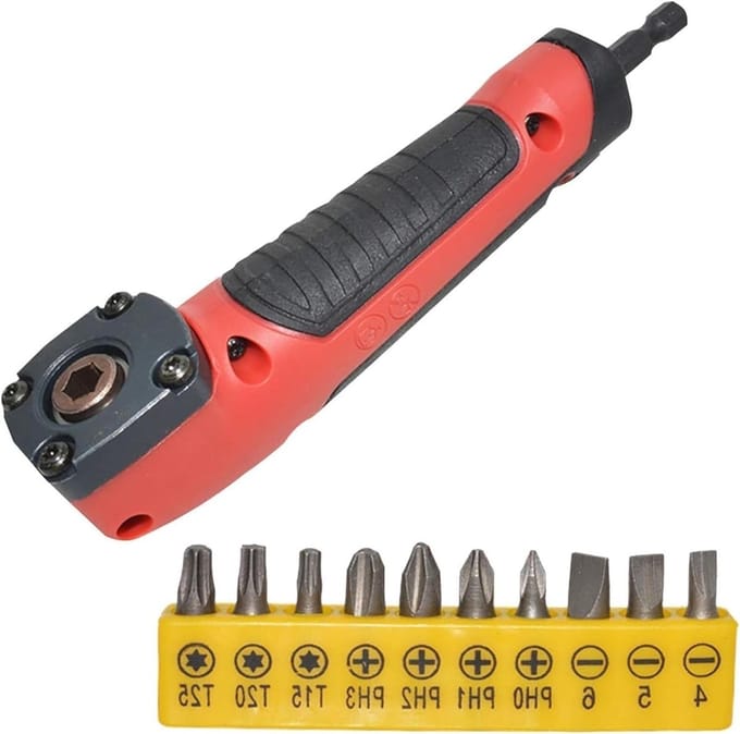 Hoekschroevendraaier met 1/4 inch schacht en 10 bits voor boren en schroeven op 90°
