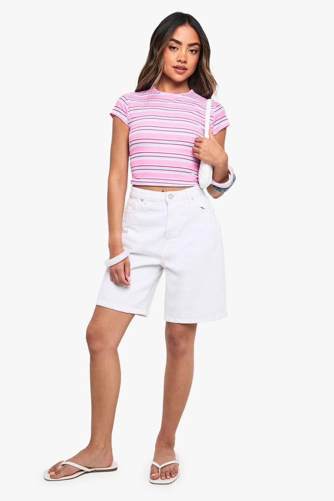 boohoo Dames Gestreepte Rib Cap Sleeve Baby Tee | Roze | Maat: 34