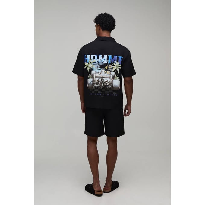 Homme Racing Back Print Oversized Shirt & Short Set | Black | Size Medium
