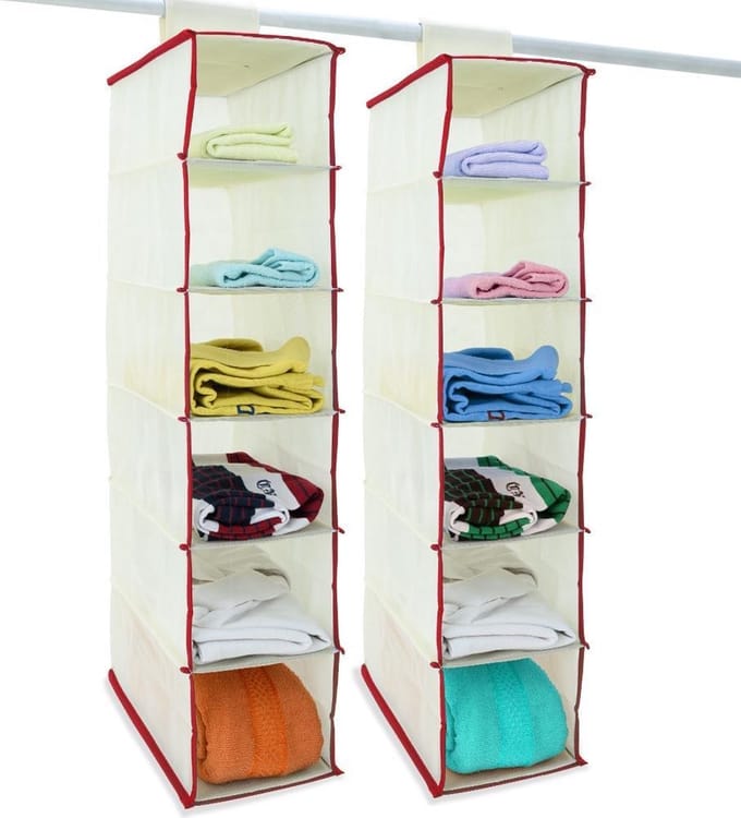 Deuba 2x garderobekasthanger met 6 vakken in beige/rood