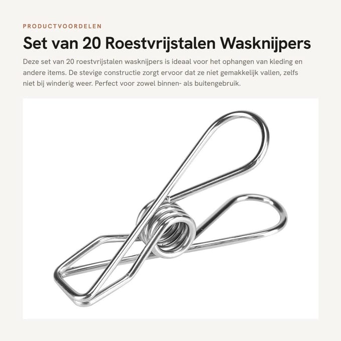 Dailygoods - Set van 20 Roestvrijstalen Wasknijpers voor Kleding