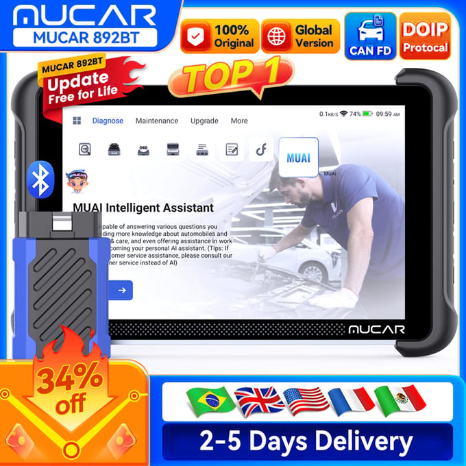 MUCAR 892BT Professionele OBD2-Diagnosetool met Lifetime Gratis Updates, ECU-Coding, Bidirectionele Tests, CAN-FD & DoIP, AI-Diagnose, 8" Touchscreen