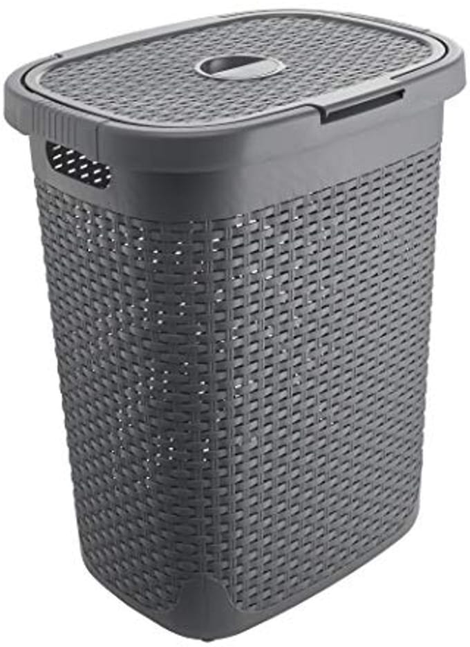 Faux Rotan 50 Liter Wasmand met Deksel - Houtskoolgrijs