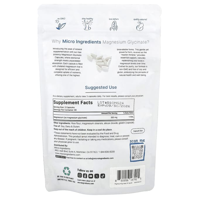 Micro Ingredients, Magnesium Glycine, 500mg, 240 capsules (166mg per capsule)