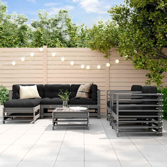 vidaXL - 7-delige - Loungeset - met - kussens - massief - hout - grijs
