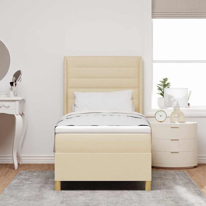 vidaXL - Boxspring - bed - met - matras - met - hoofdeinde - Crème - 100 - x - 200 - cm - Stof