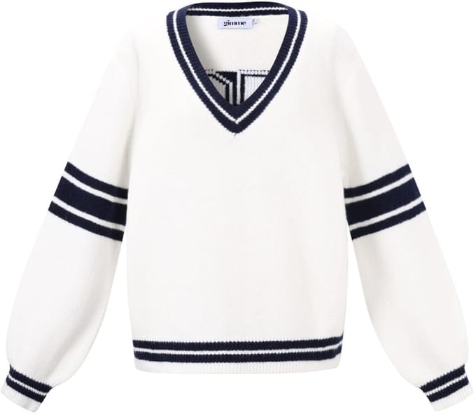 Comfortabele Gebreide Polyester Dames V-Hals Trui met Sportieve Strepen - Wit - Maat S/M