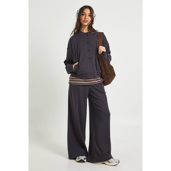 boohoo Dames Geribbeld Cardigan Trainingspak | Houtskool | Maat: Large