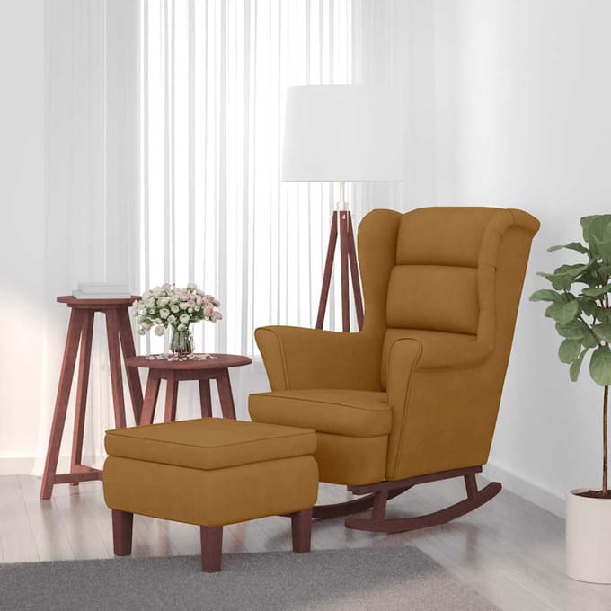 vidaXL - Schommelstoel - met - oorleuning, - bruin - fluweel - massief - hout